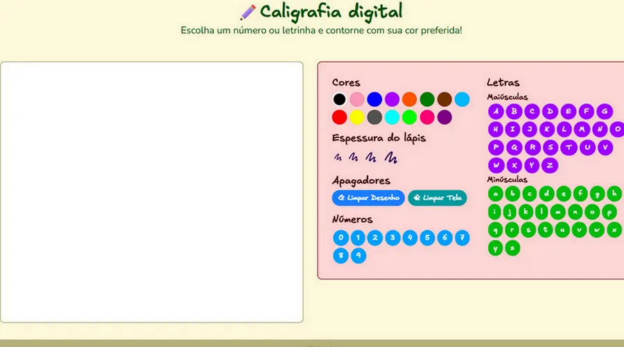 Interface do app de caligrafia digital com área de escrita interativa